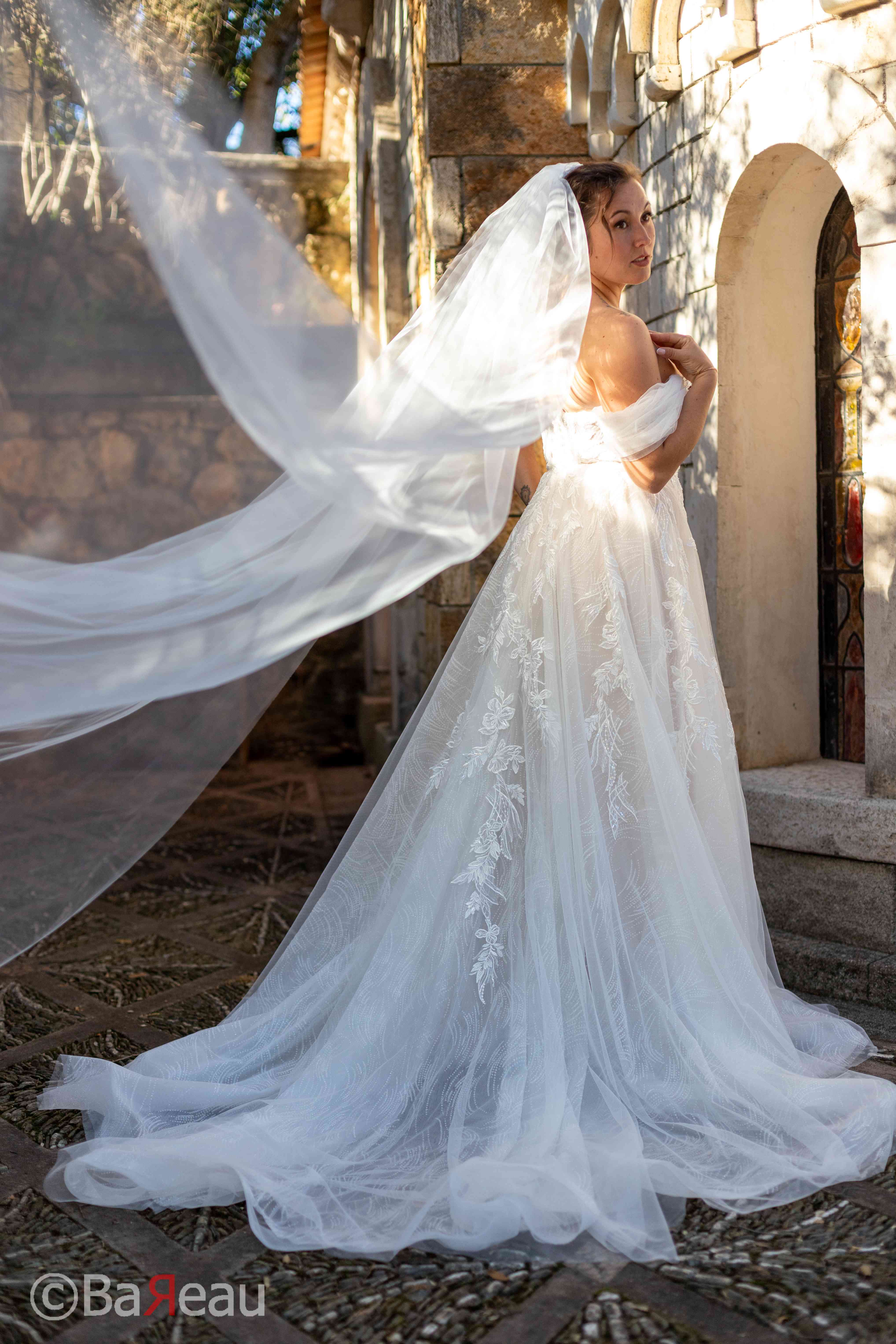 La mariée avec son voile prit au vent